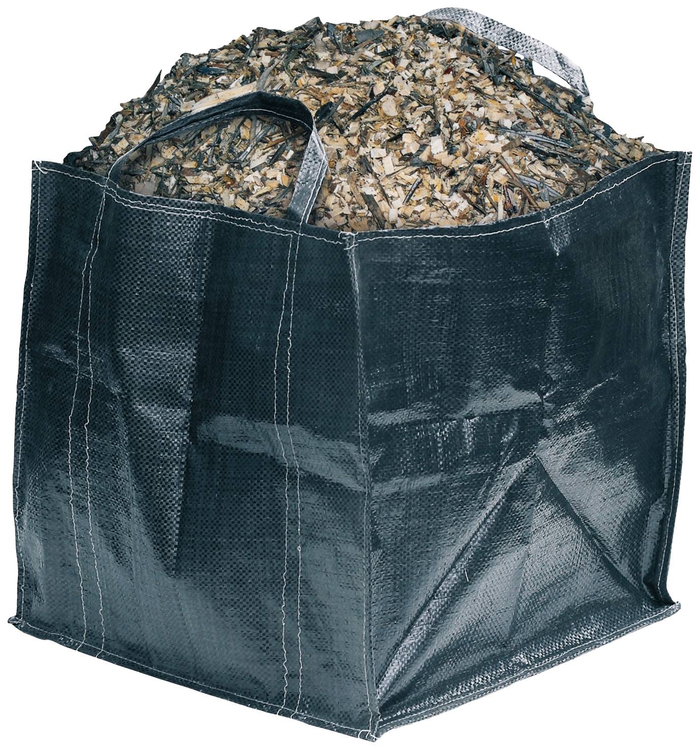 Großer schwarzer Sack, gefüllt mit gehackten Blättern und Zweigen, steht aufrecht mit zwei sichtbaren Griffen.