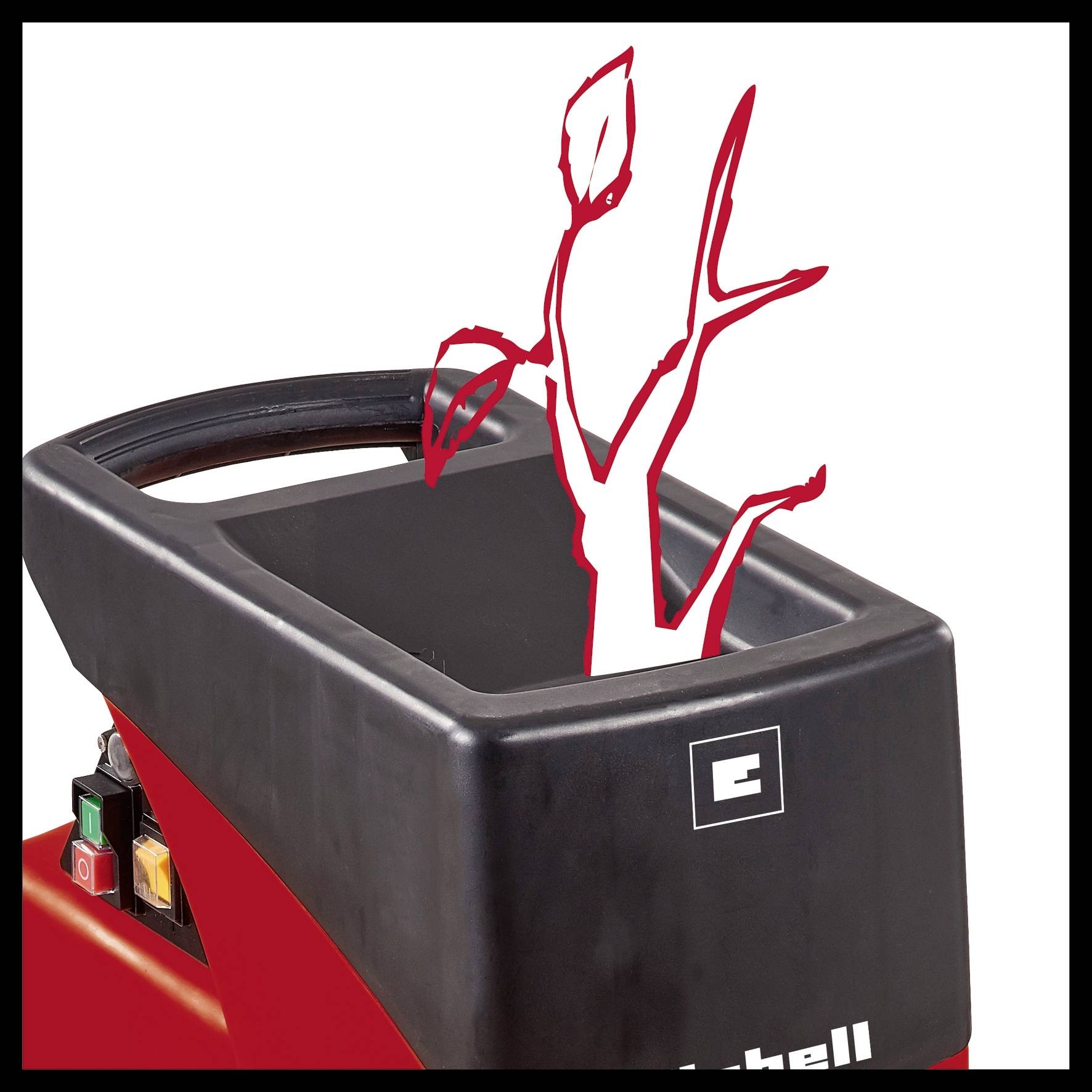 Ein rotes elektrisches Gartengerät mit einer stilisierten grafischen Darstellung eines Astes, der in die Öffnung eingeführt wird.