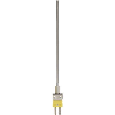 Ein langer, schmaler silberner Temperatursensor mit gelbem Ende und zwei Metallanschlüssen zur Temperaturmessung.