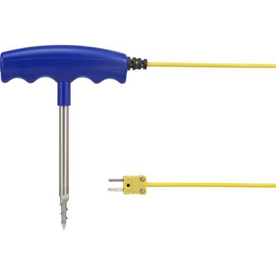Ein blauer Griff mit integriertem Metallstift und gelbem Kabel, das in einen gelben Stecker endet. Werkzeug zur Temperaturmessung.