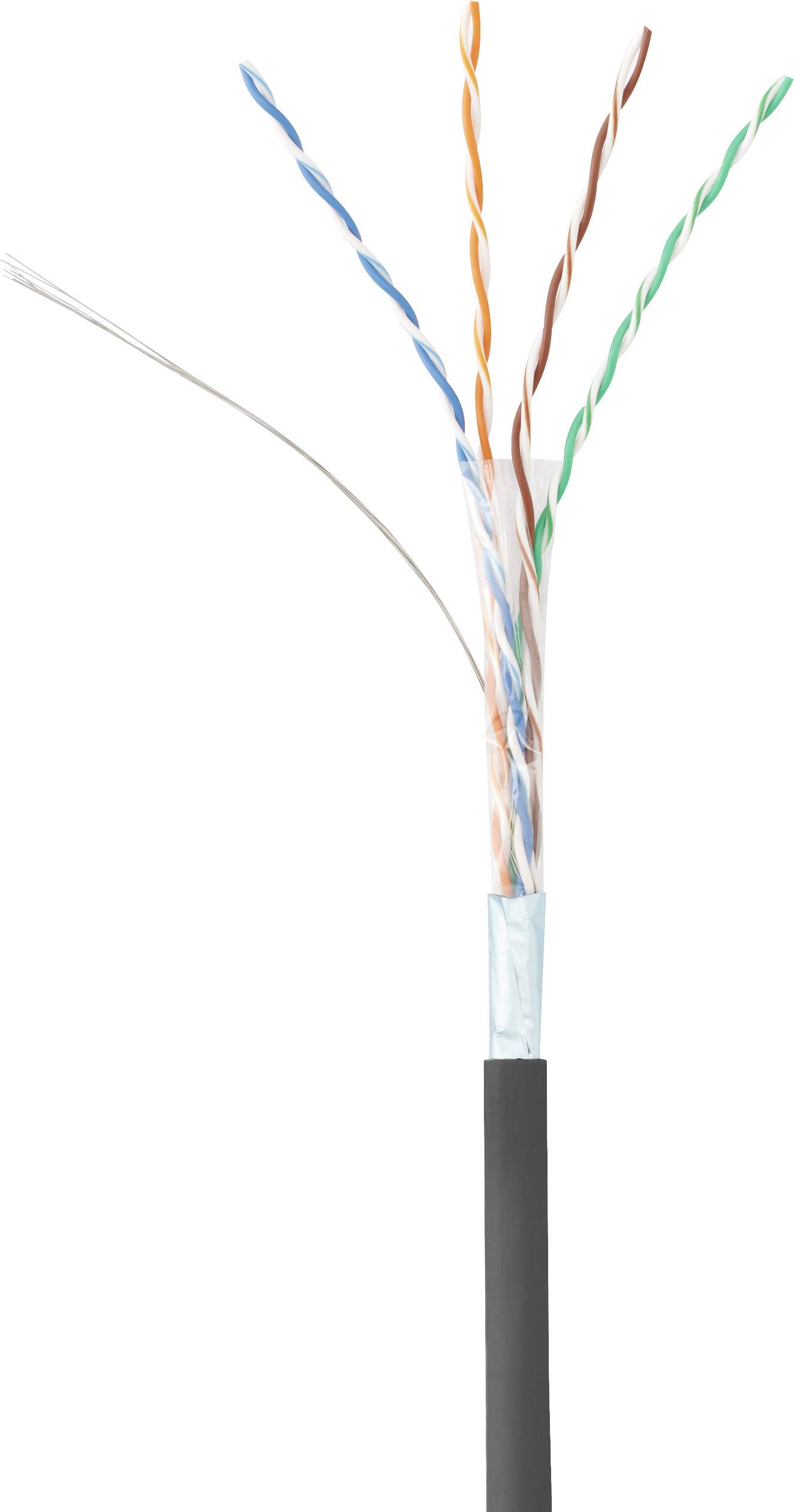 Ein offen gelegtes, verzwirbeltes Kabel mit vier unterschiedlich farbigen Drahtpaaren, das für Netzwerkinstallationen geeignet ist.