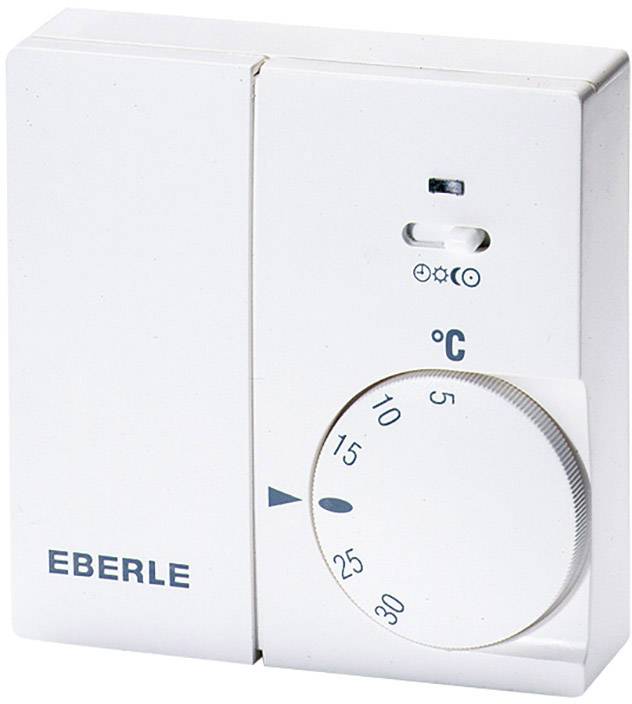 Ein weißes Wandthermostat mit Drehregler zeigt Temperaturen von 5°C bis 30°C an. Oben ein kleiner Schieberegler mit Symbolen.