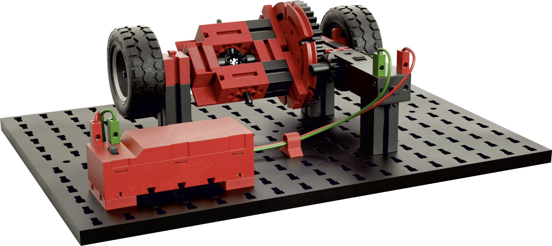 Modell eines mechanischen Systems mit Zahnrädern, Achsen und Rädern auf schwarzer Basis. Verbindungsdrähte verbinden Teile.