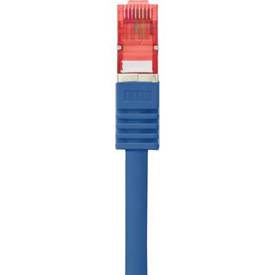 Ein rotes Netzwerkkabel mit blauem Stecker, vermutlich ein Ethernet-Kabel, für Internet- oder Computernetzwerke.