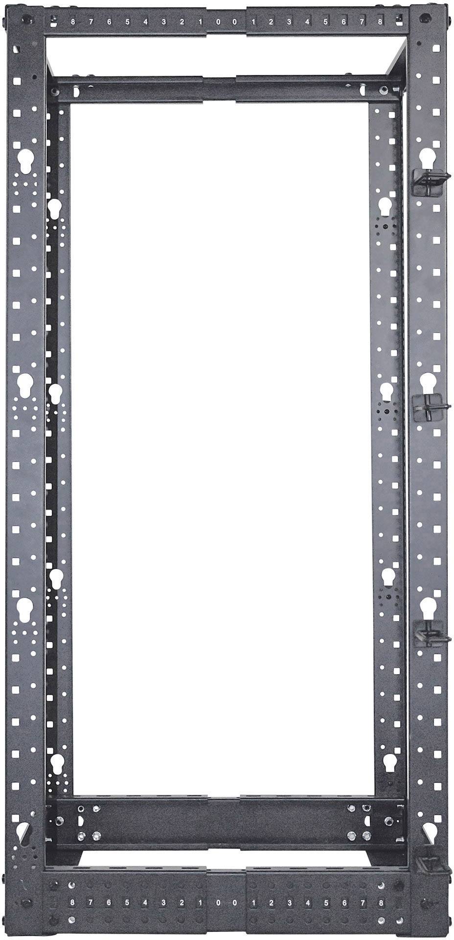 Ein leerer schwarzer Metallrahmen, der vermutlich Teil eines modularen Systems in einem technischen oder industriellen Kontext ist.