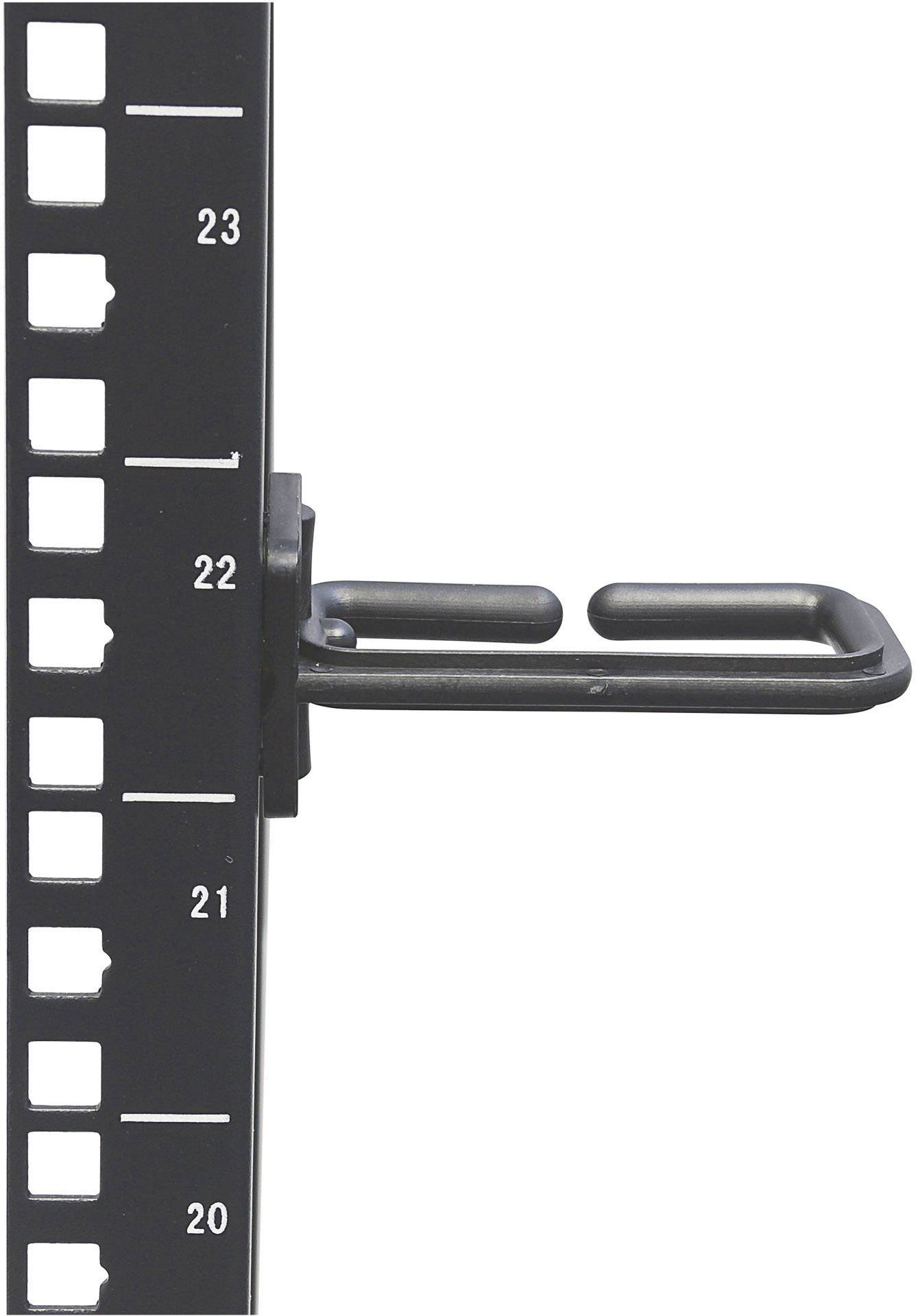 Ein schwarzes Rack mit nummerierten Einheiten von 20 bis 23. Ein Kabelhalter ist am Rack in der Höhe der Einheit 22 befestigt.