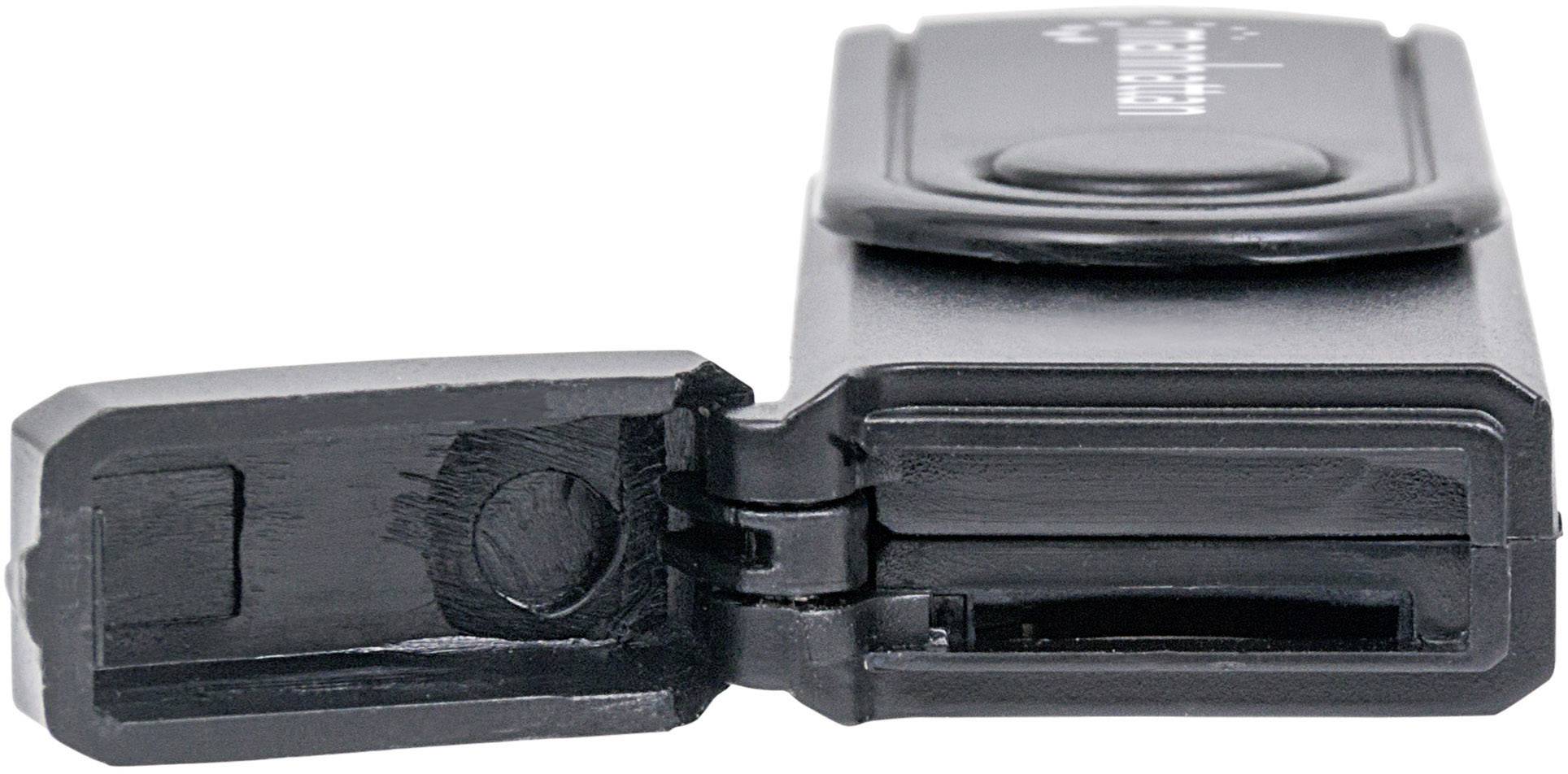 Ein schwarzer USB-Stick mit offenem Schutzdeckel, der den USB-Anschluss zeigt. Ideal zum Speichern und Übertragen von Daten.