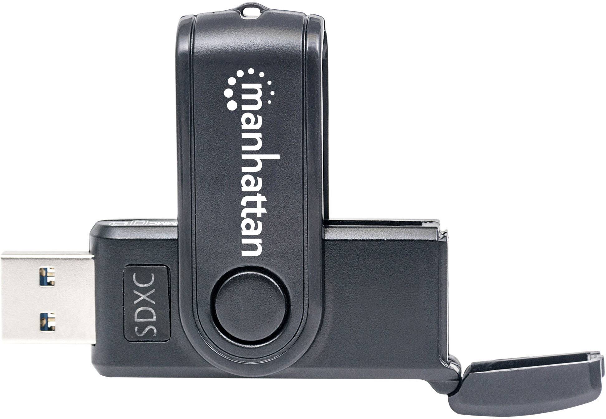 Schwarzer USB-Stick mit schwenkbarem Metallbügel der Marke 'Manhattan'. Der USB-Anschluss ist sichtbar, mit einem SDXC-Kartensteckplatz.