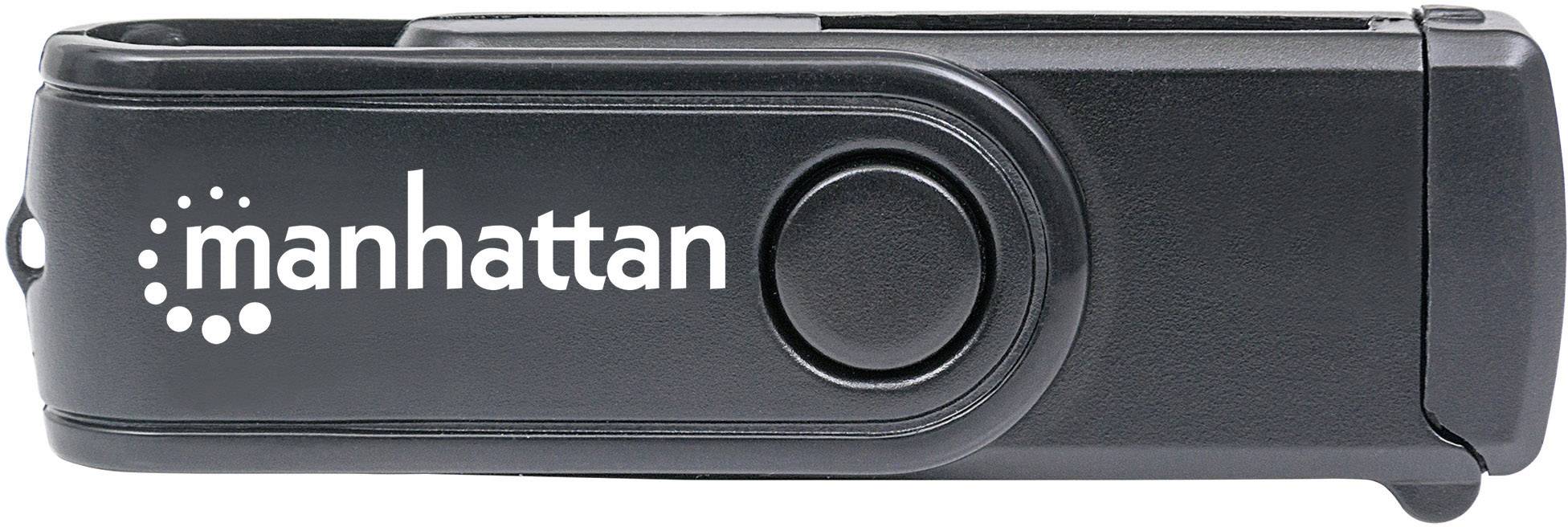 Schwarzer USB-Stick mit 'manhattan'-Logo und einem drehbaren Schutzkappen-Design. Hauptzweck ist die digitale Datenspeicherung.