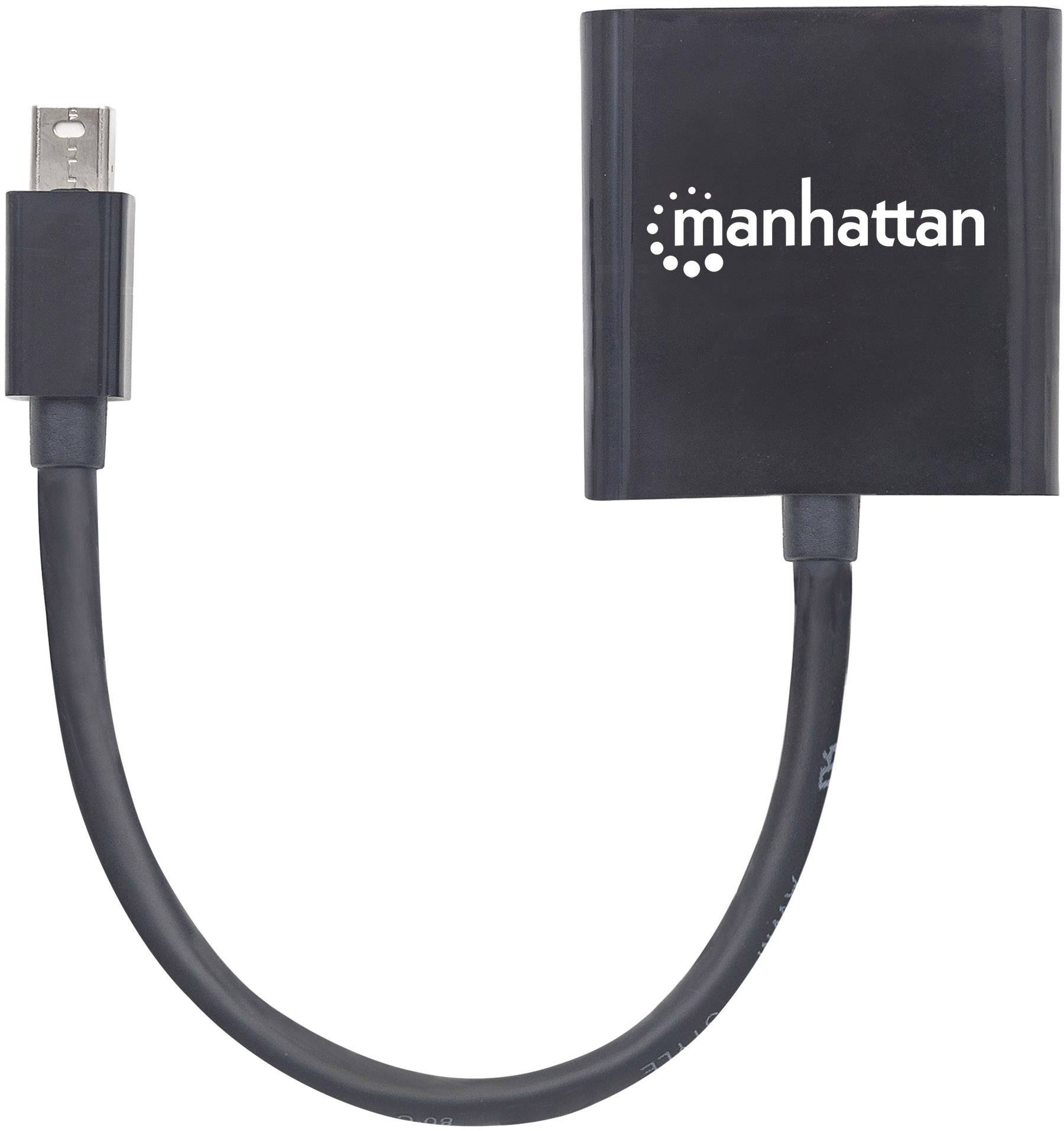 Ein schwarzer Adapterkabel mit 'manhattan'-Logo verbindet einen HDMI-Stecker mit einem Mini-HDMI-Anschluss.