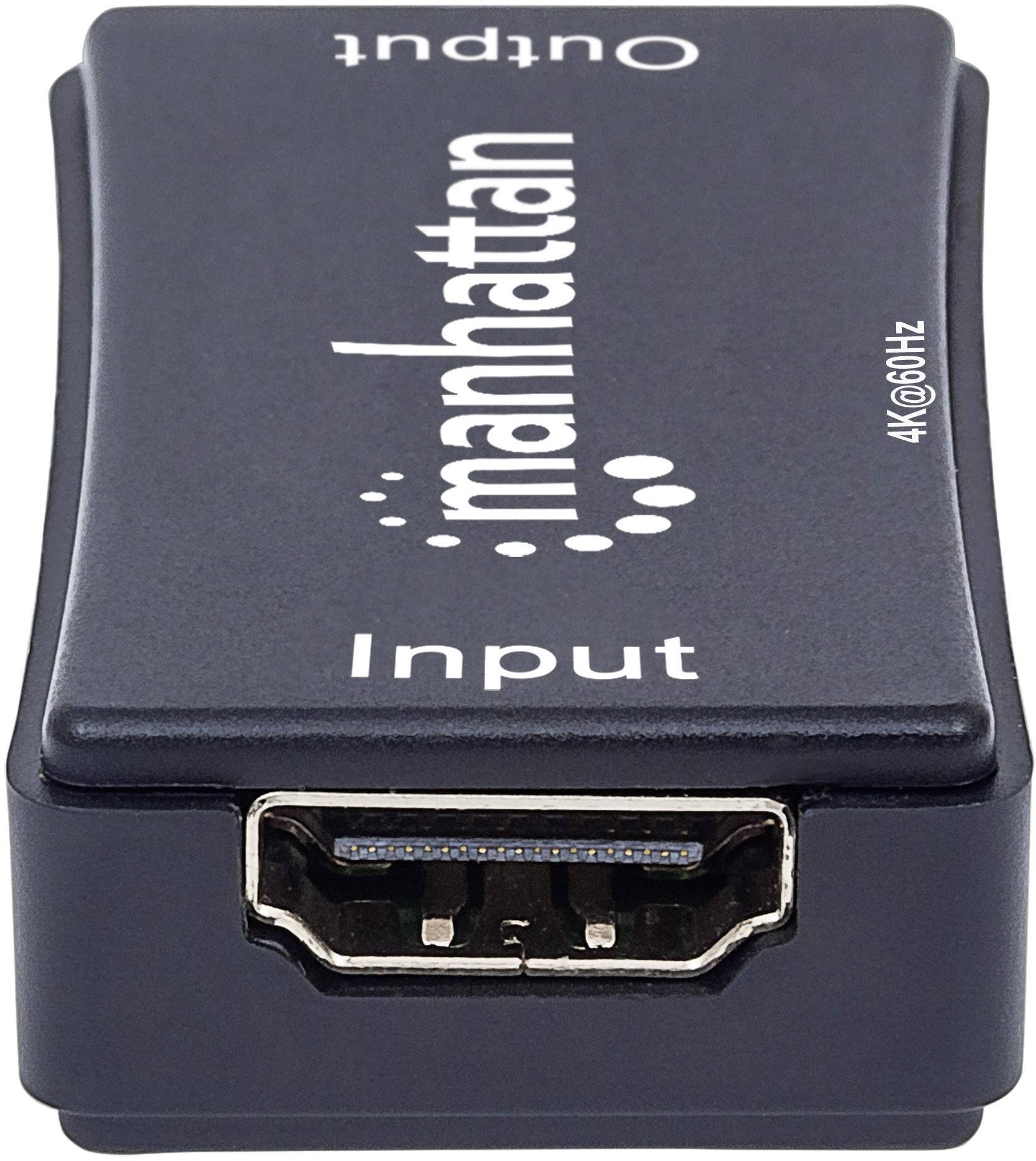Ein schwarzer HDMI-Adapter mit 'manhattan' Logo, Beschriftung 'Input' und 'Output'. Unterstützt 4K bei 60Hz.