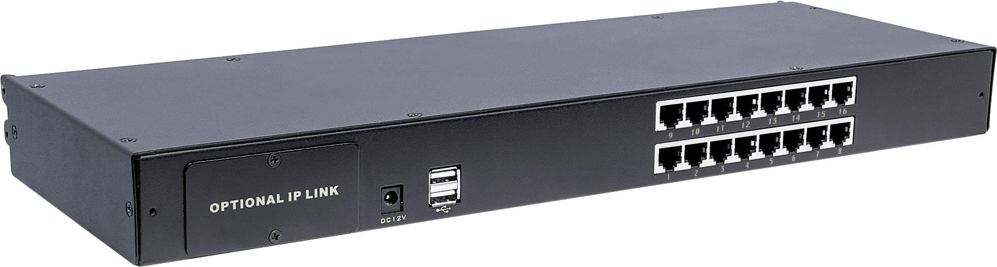 Ein schwarzer Netzwerk-Switch mit 16 Ethernet-Ports auf der Vorderseite und einem USB-Anschluss. Links ist ein optionaler IP-Link-Slot.