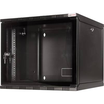 Schwarzer Serverrack mit Glastür, abschließbar. Geeignet für die sichere Aufbewahrung von Netzwerkgeräten in IT-Umgebungen.