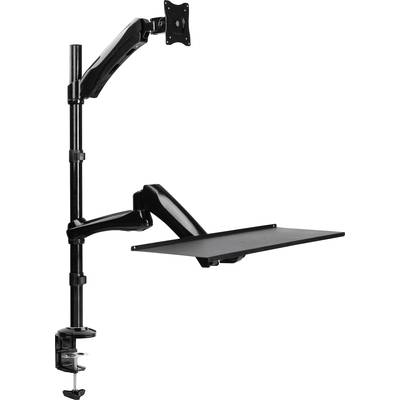 Monitorhalterung mit Arm, Klemme und Ablagefläche für Tastatur oder Laptop, geeignet für Schreibtische zur ergonomischen Arbeitsgestaltung.