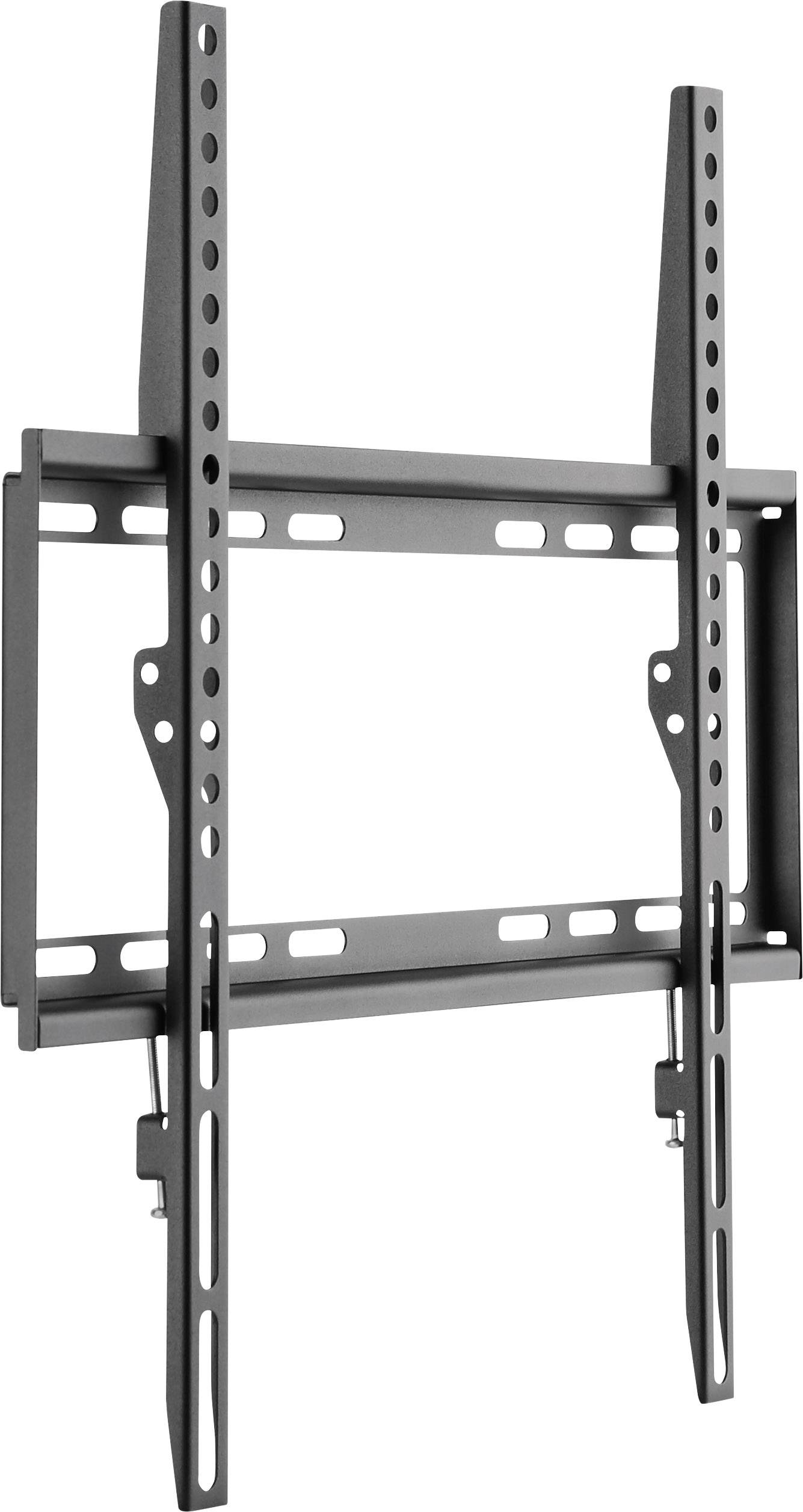 Eine TV-Wandhalterung aus Metall, schwarz, mit verstellbarer Größe und mehreren Befestigungslöchern für Flexibilität bei der Montage.