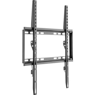 Eine TV-Wandhalterung aus Metall, schwarz, mit verstellbarer Größe und mehreren Befestigungslöchern für Flexibilität bei der Montage.