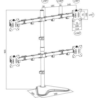 Monitorhalterung mit zwei verstellbaren Armen für vier Bildschirme, Höhenverstellbar bis 905 mm. Maximale Belastung pro Arm: 8 kg.