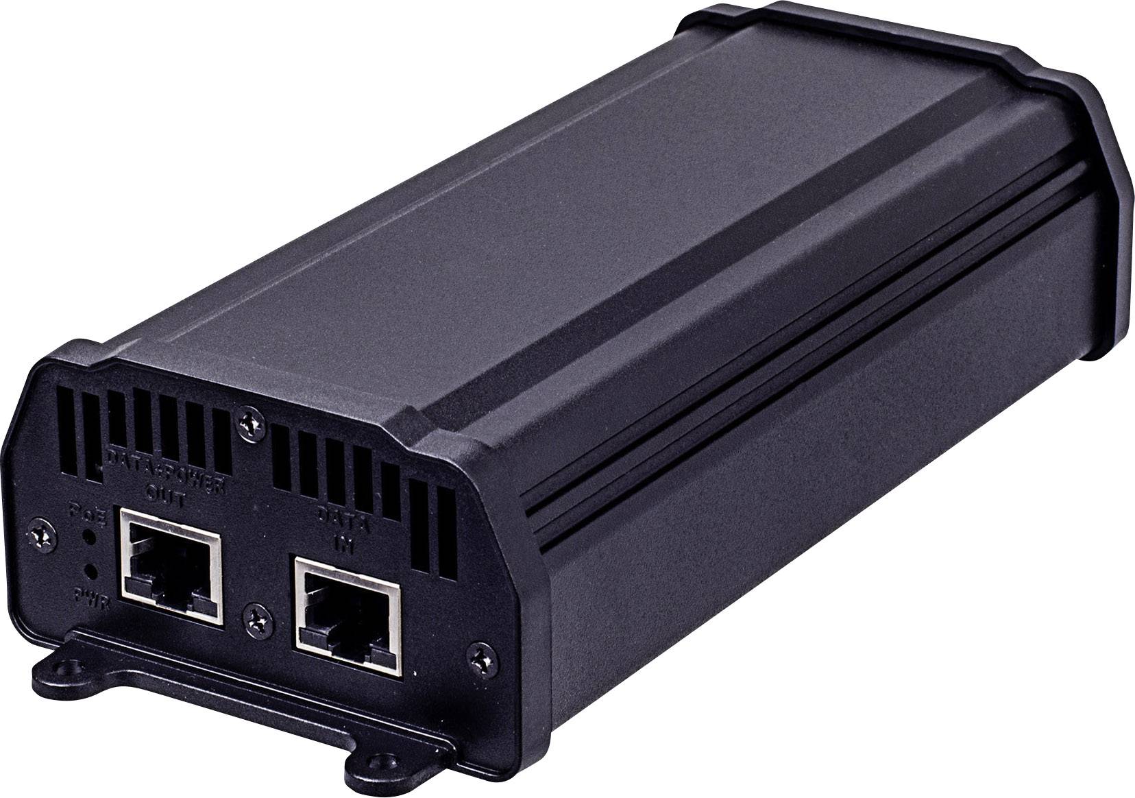 'Schwarzes Power over Ethernet (PoE) Injector-Gerät mit zwei Ethernet-Ports, für Netzwerkkonnektivität und Stromversorgung ausgelegt.'