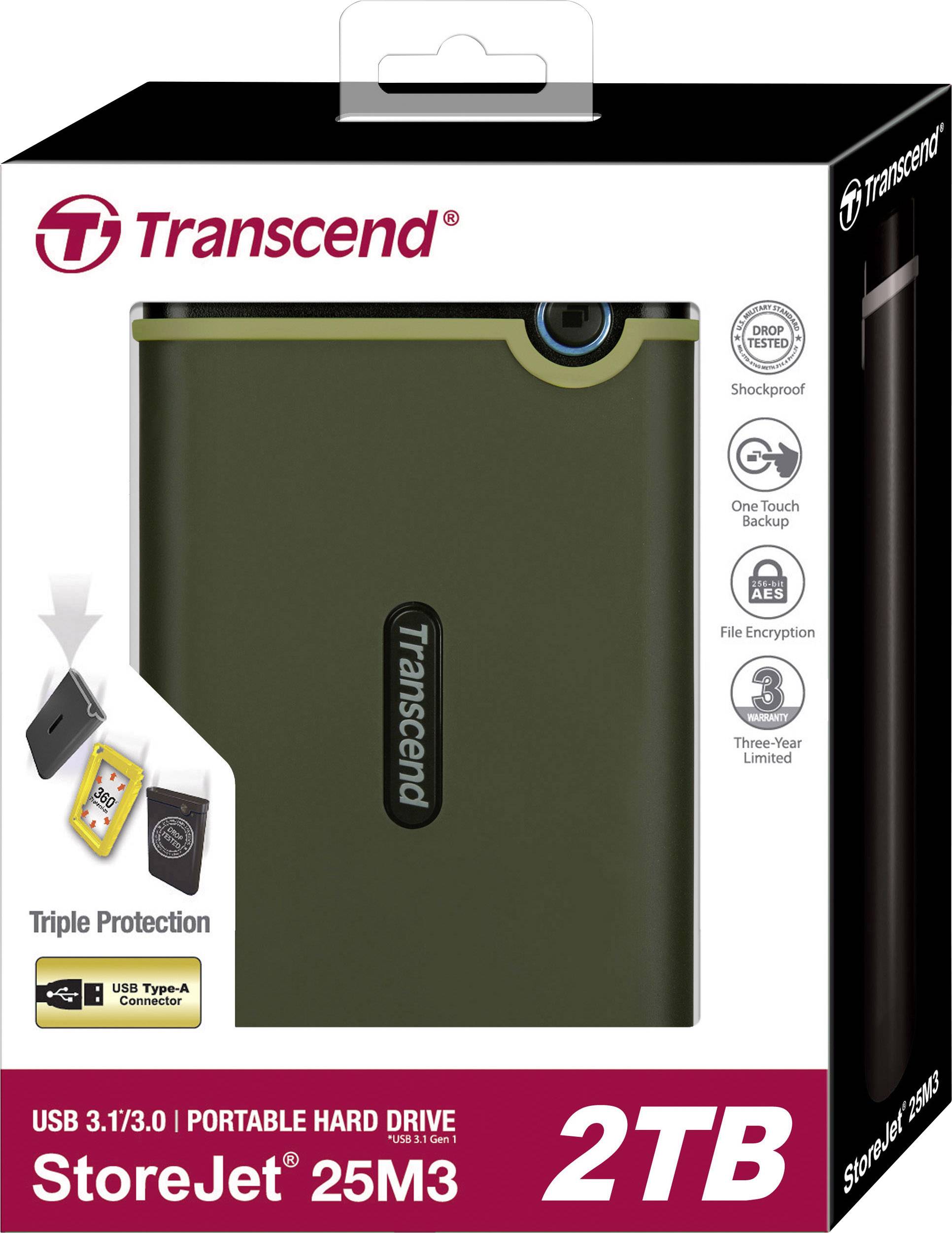 'Externe Festplatte Transcend StoreJet 25M3 2TB, stoßfest, USB 3.1/3.0, mit Text 'Triple Protection', Abbildungen von Anschlüssen.'