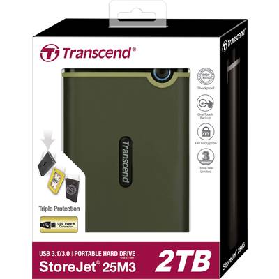'Externe Festplatte Transcend StoreJet 25M3 2TB, stoßfest, USB 3.1/3.0, mit Text 'Triple Protection', Abbildungen von Anschlüssen.'