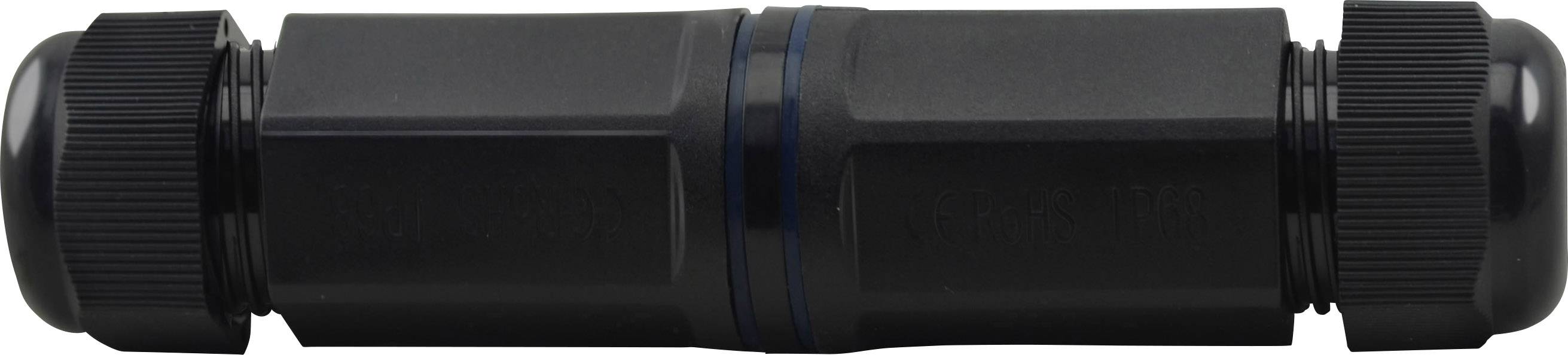 Schwarze zylindrische Verbindung mit gerillten Endkappen, möglicherweise ein Kabelverbinder oder -adapter aus Kunststoff.