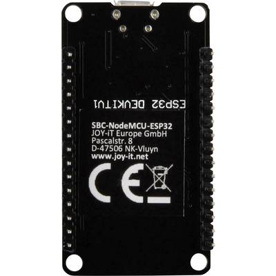 Eine schwarze SBC-NodeMCU-ESP32-Platine mit der Aufschrift 'ESP32 DEVKIT1', Herstellerinformationen und CE-Zeichen.