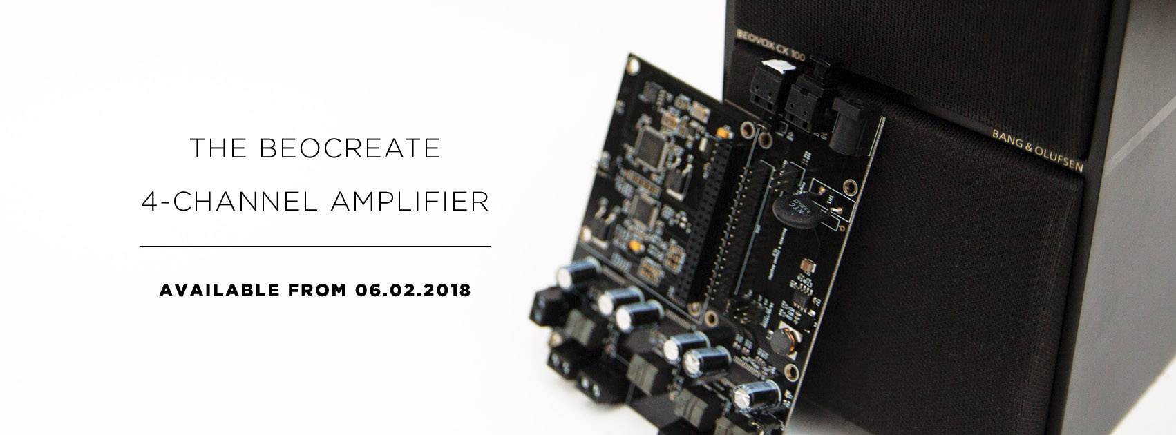 Ein Beocreate 4-Kanal-Verstärker neben einer Lautsprechereinheit. Text: 'The Beocreate 4-Channel Amplifier, available from 06.02.2018'.