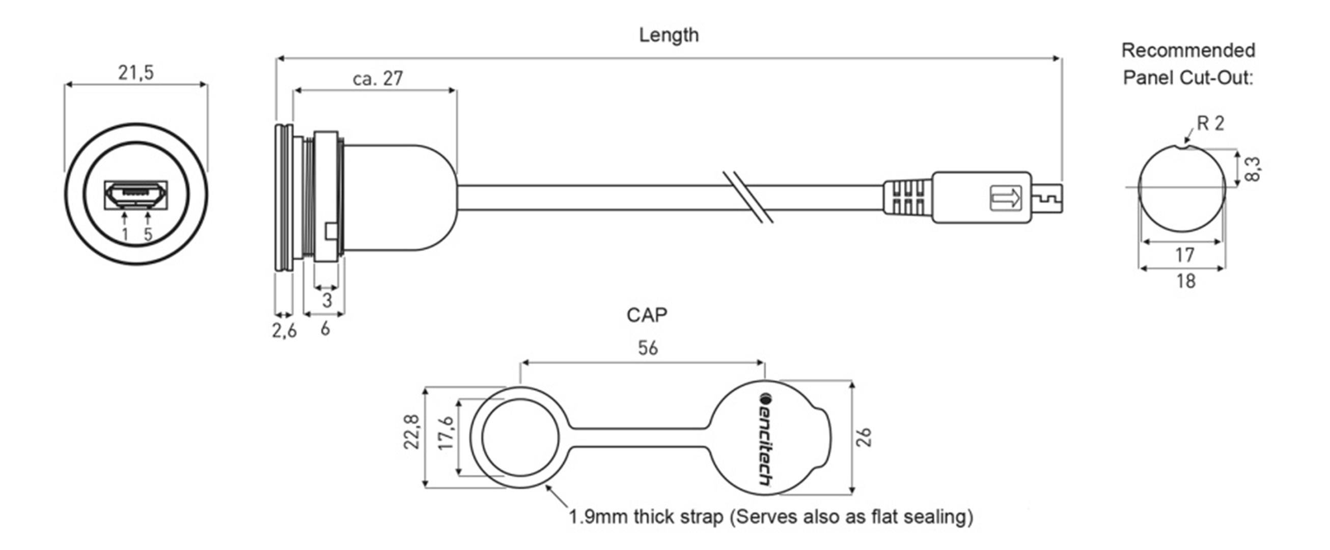 Konstruktionszeichnung eines USB-Anschlusses mit Abdeckung, zeigt detaillierte Abmessungen in Millimetern für Montage und Einbau.