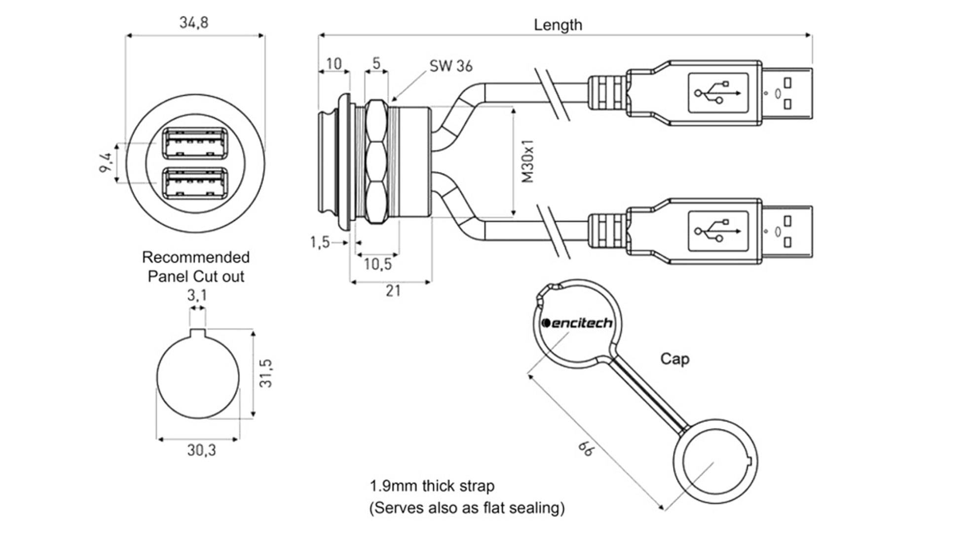 'Technische Zeichnung eines USB-Doppelanschlusses mit Maßen, Draufsicht und Seitenansicht. Zeigt Kabel, Kappe und Schnittdetails.'