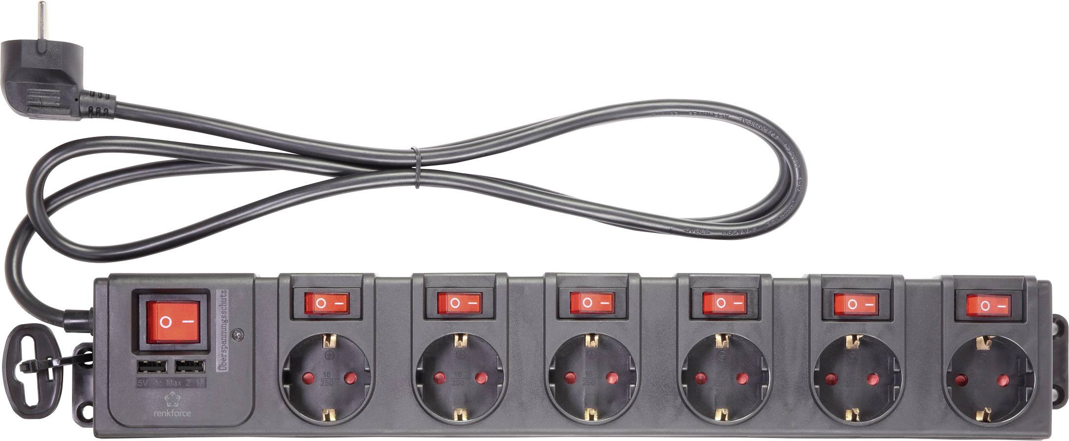 Mehrfachsteckdose mit sieben Steckplätzen, alle mit roten Schaltern ausgestattet. Links ein montierter Schalter mit Kabel.