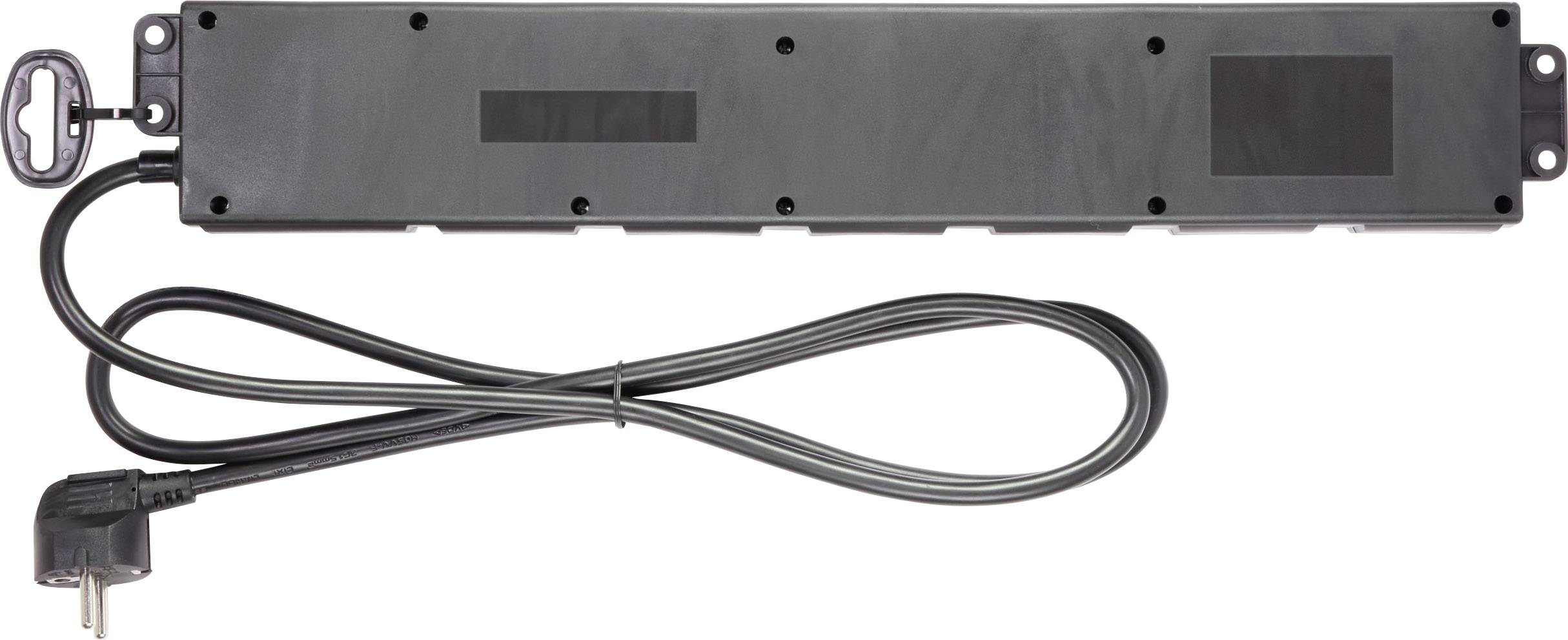Ein schwarzes Steckerleistenmodul mit einem Netzkabel und einem Schalter, geeignet für die Stromverteilung in elektronischen Geräten.