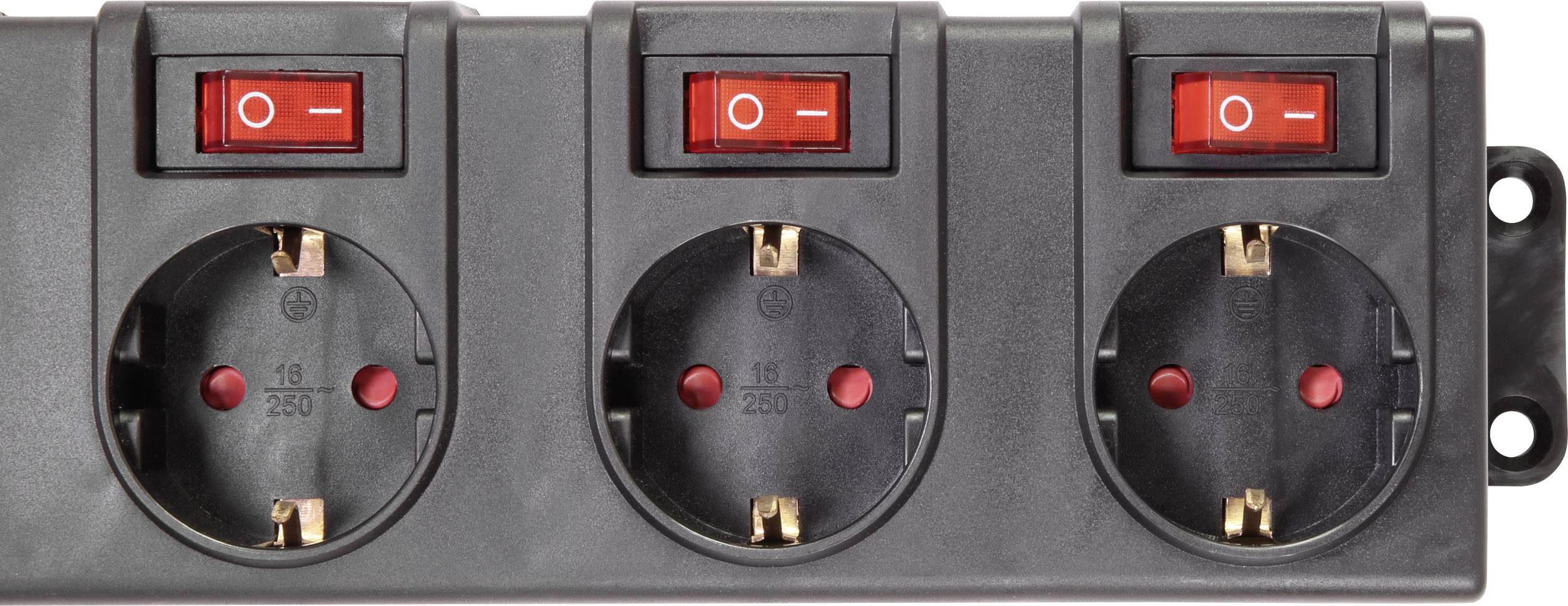 Dreifache Steckdosenleiste mit roten Schaltern zum Ein- und Ausschalten, geeignet für deutsche Steckertypen, mit Befestigungslöchern.