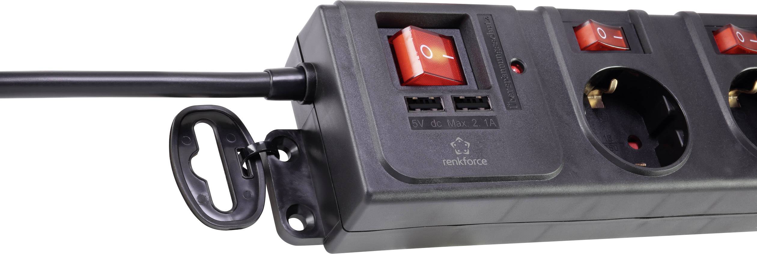 Mehrfachsteckdose mit Kippschalter und USB-Anschlüssen. Der Schalter ist auf "Ein" gestellt. Links ein befestigtes Stromkabel.