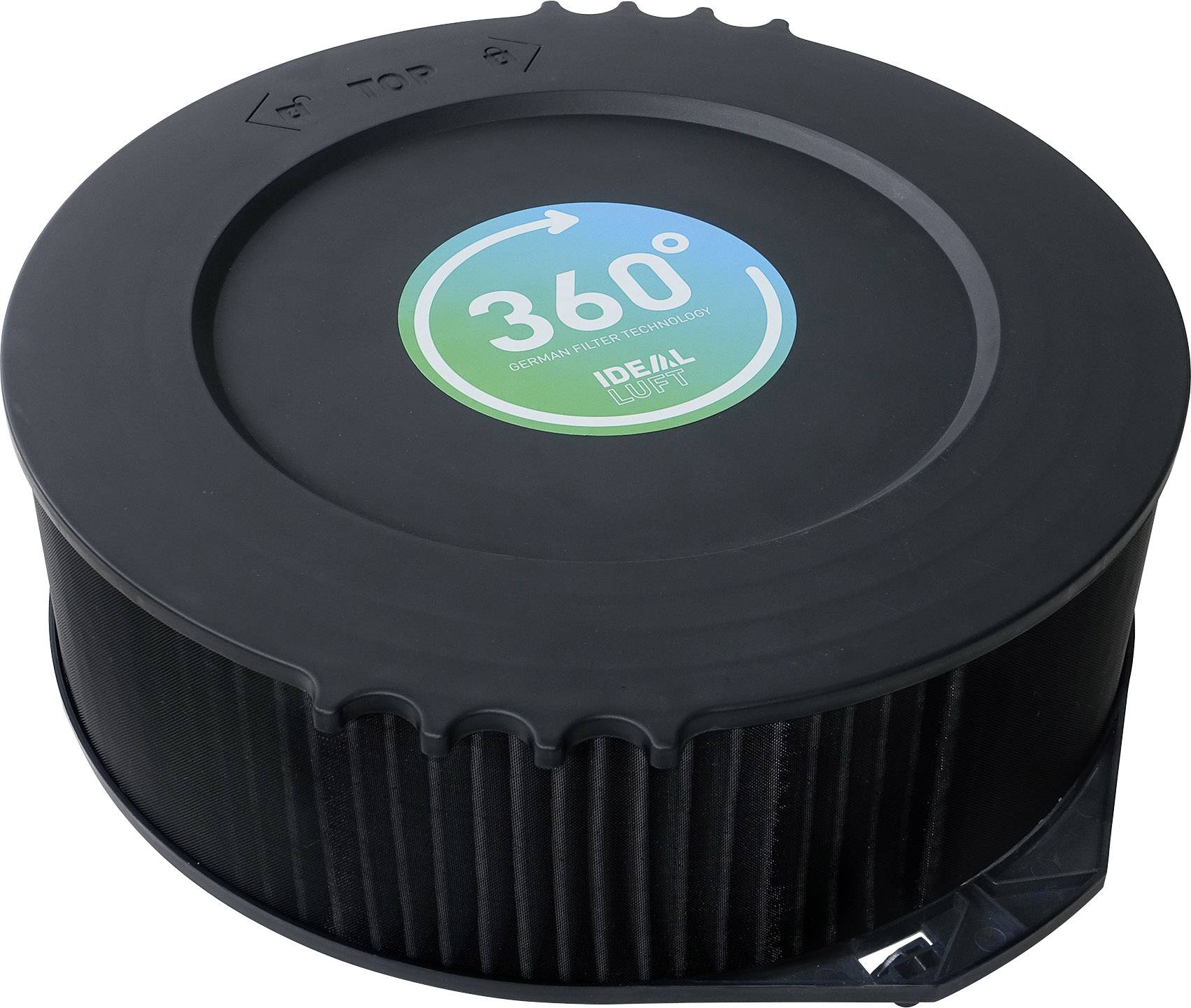 Schwarze, runde Verpackung mit blau-grünem '360° AIRMAX TECHNOLOGY' Etikett auf dem Deckel. Enthält Luftfilterprodukt.
