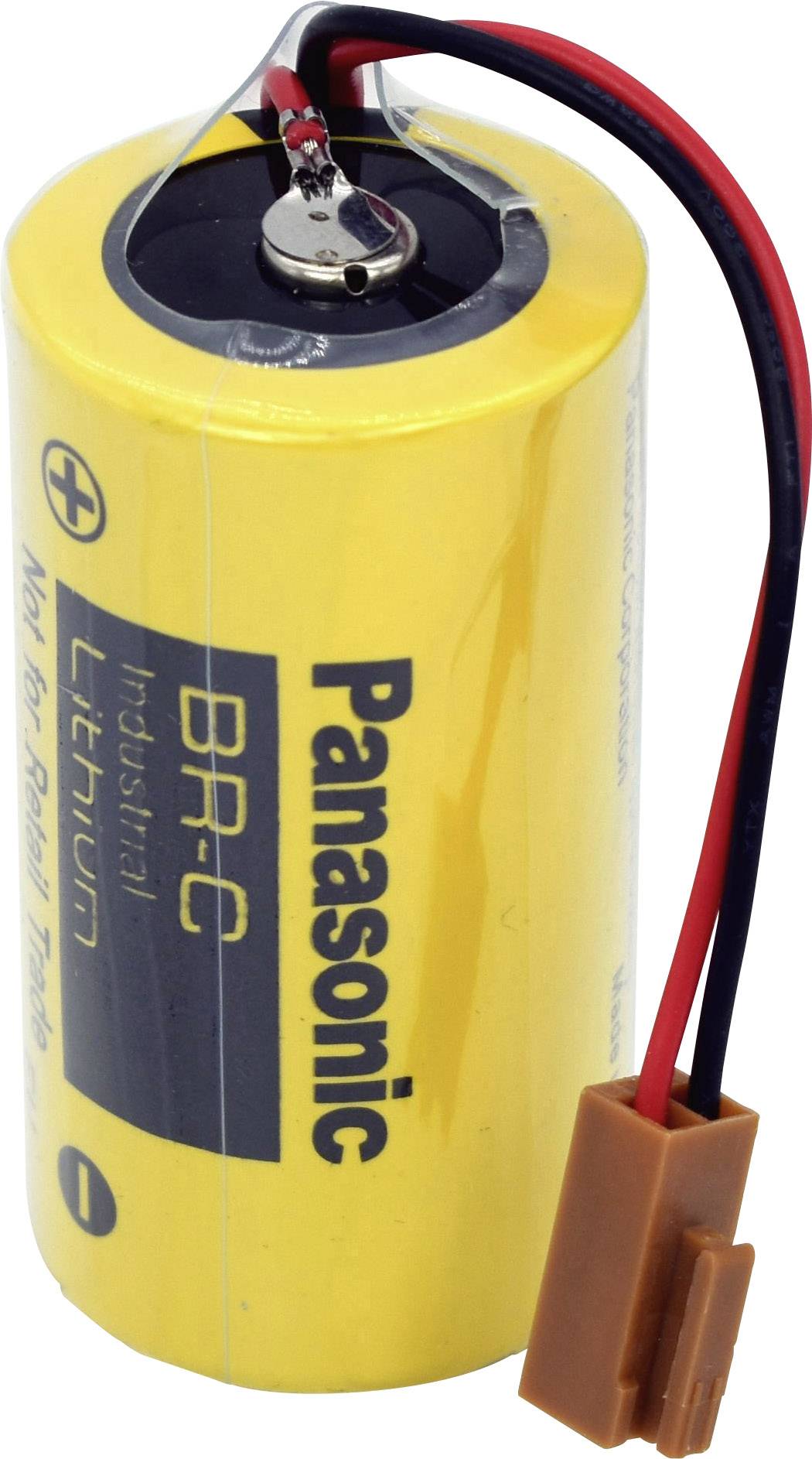 Gelbe Panasonic Lithium-Batterie vom Typ BR-C mit zwei herausragenden Kabeln. Vor allem in industriellen Anwendungen genutzt.