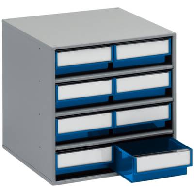 Metallener Schubladenschrank mit neun blauen Schubladen, eine Schublade ist leicht herausgezogen.