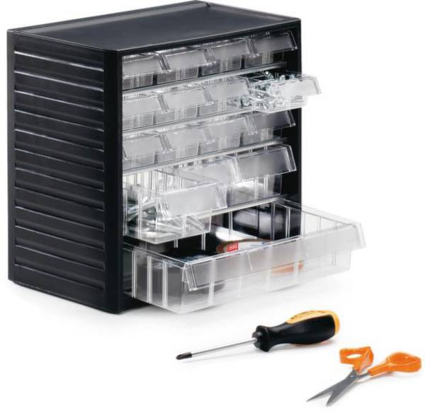 Treston Kombi-Kleinteilemagazin 290C-3, inklusive 16 glasklaren Schubladen L-01, L-04, L-06, BxTxH 310x180x290 mm