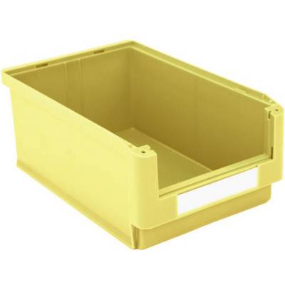 Gelbe, rechteckige Kunststoffbox mit offenem Vorderteil, geeignet zur Lagerung oder Organisation von Gegenständen.