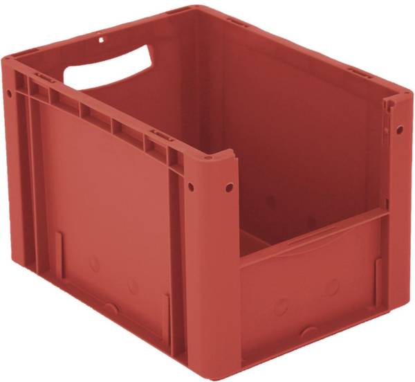Rote Kunststoffkiste mit Grifföffnungen und robustem Design; geeignet für Lagerung und Transport.