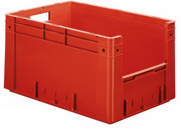 Rote Kunststoffkiste mit rechteckiger Form und offenen Griffen.