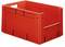 Rote Kunststoffkiste mit rechteckiger Form und offenen Griffen.