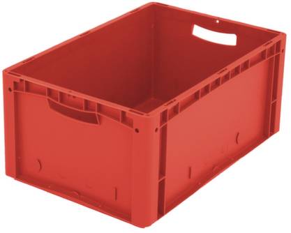 Rote Kunststoffkiste mit rechteckiger Form und Grifföffnung an einer Seite. Geeignet für Lagerung und Transport von Waren.