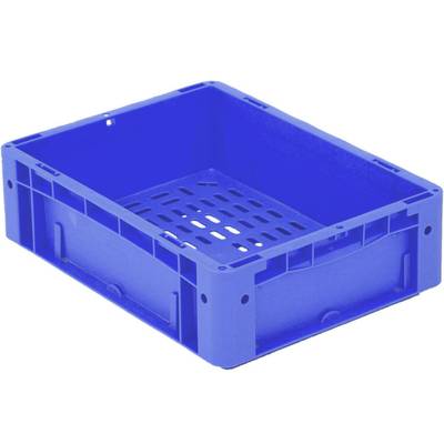 Blaue stapelbare Kunststoffkiste mit perforiertem Boden zur Belüftung. Ideal für Lagerung und Transport.