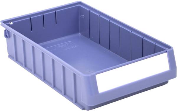 Eine leere, rechteckige, hellviolette Lagerbox aus Kunststoff mit gerillten Seitenwänden.