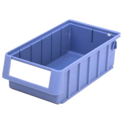 Blauer Plastikbehälter mit offenem Deckel und beschriftbarem Feld an der Vorderseite, geeignet für Lagerung oder Organisation von Gegenständen.