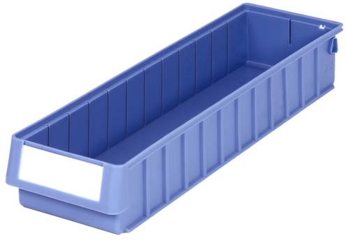 Langer, blauer Kunststoffbehälter mit Etikettenhalterung an der Vorderseite. Ideal zur Lagerung von Kleinteilen oder Werkzeugen.