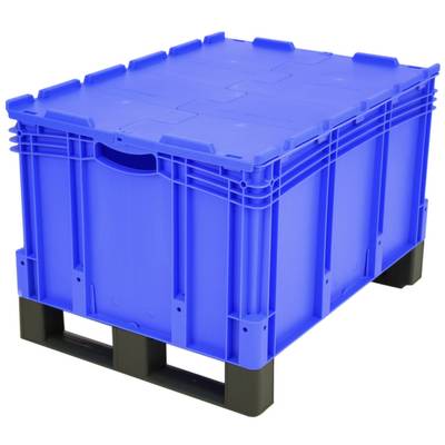 Eine blaue Kunststoffbox auf einer schwarzen Palette. Ideal für Lagerung oder Transport von Waren. Stabil und stapelbar.