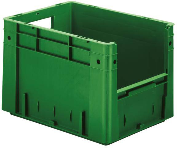 Grüne Kunststoffkiste in rechteckiger Form, stabil und ohne Abdeckung.