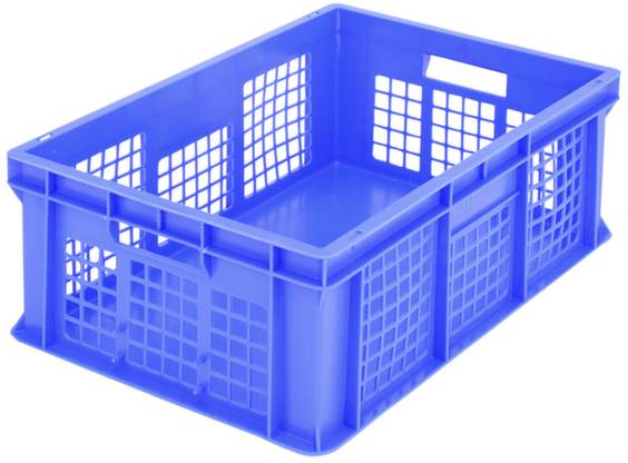 Blaue Kunststoffkiste mit Gittermuster, rechteckige Form, stapelbar. Ideal für Transport oder Lagerung.