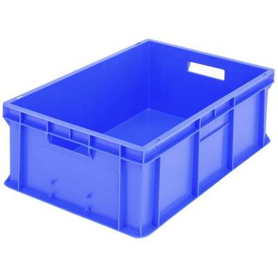 Blaue Kunststoffkiste mit rechteckiger Form und offenem Griff an einer Seite. Geeignet zur Aufbewahrung oder Transport von Gegenständen.